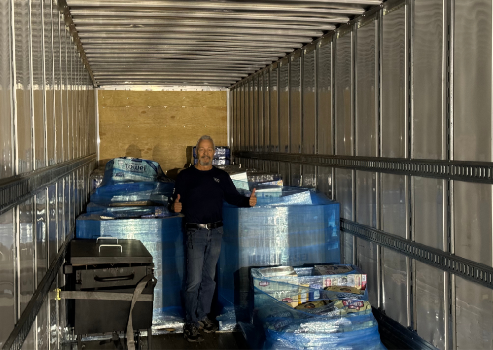 Sparta Manufacturing Manager Ron Huffine stands inside the semi-truck loaded with hurricane relief supplies destined for Largo, Florida.